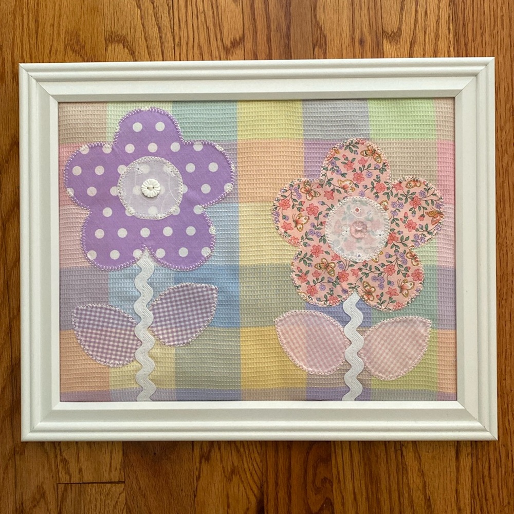 Pastel Fabric Appliqué Framed Flower Picture